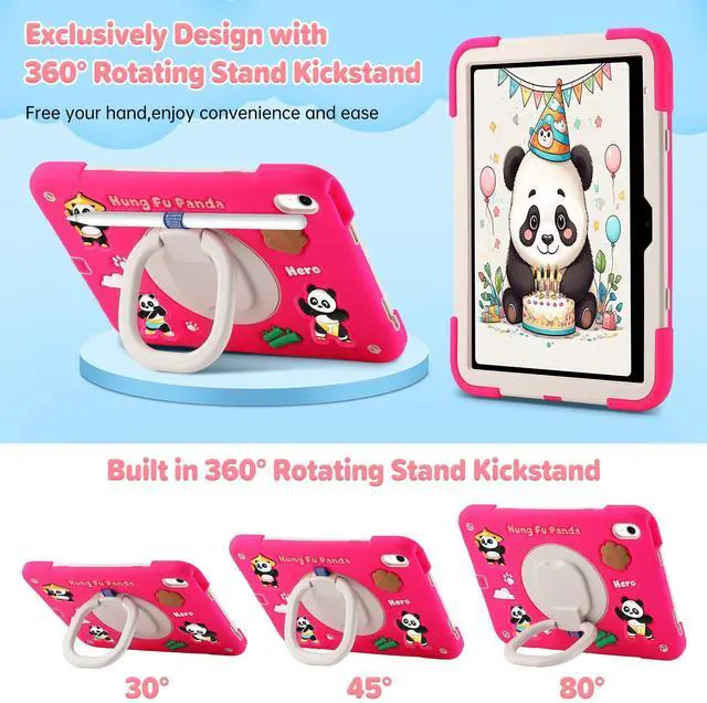 Alt view image 5 of 5 - for iPad (A16) 11th Generation Case Kids, iPad 10th Generation with Screen Protector, Rugged Protective Cartoon 3D Panda Warrior Cover with Rotating Stand/Strap/Pen Slot for Kids Teens (Rose+White)