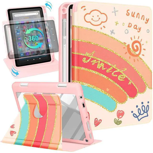 Main image of Kidcube for Kindle Fire HD 8/8 Plus Tablet Case - 10th/12th Generation (2020/2022) 8" Women Girls Cute Folio Cover with Pencil Holder Rainbow Kawaii Rotating Stand Cases for Amazon Fire HD 8/8 Plus