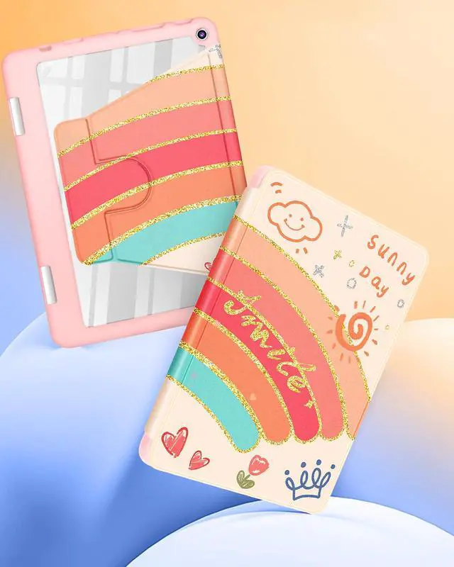 Alt view image 4 of 5 - Kidcube for Kindle Fire HD 8/8 Plus Tablet Case - 10th/12th Generation (2020/2022) 8" Women Girls Cute Folio Cover with Pencil Holder Rainbow Kawaii Rotating Stand Cases for Amazon Fire HD 8/8 Plus