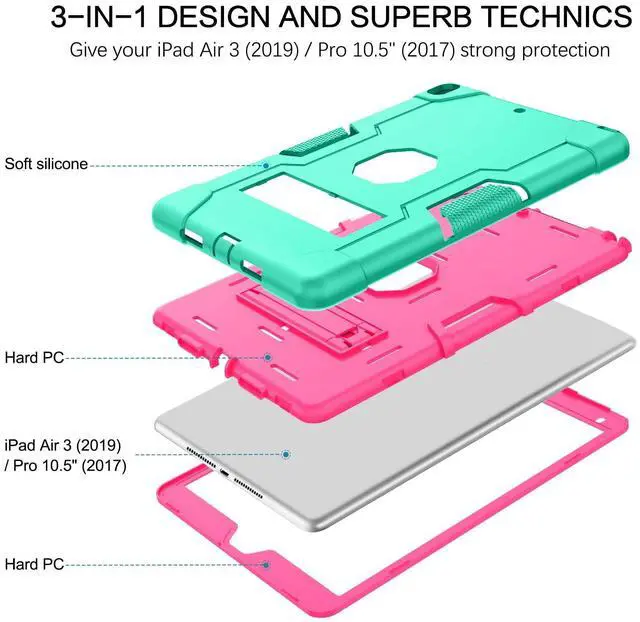Alt view image 3 of 5 - BENTOBEN for iPad Air 3rd Generation Case, iPad Pro 10.5" 2017 Case, 3 Layers Heavy Duty Shockproof Kickstand Protective Tablet Cover for iPad Air 3 10.5" 2019 /iPad Pro 10.5" 2017, Green/Rose Red