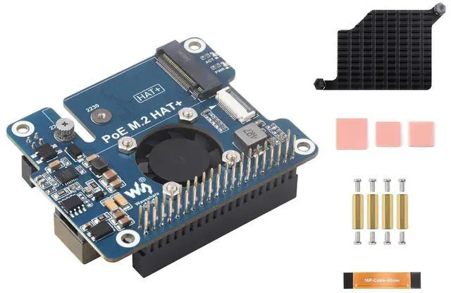 Main image of POE M.2 HAT+ Expansion Board Combines Power Over Ethernet POE HAT and PCIe to M.2 Adapter for Raspberry Pi 5, Support IEEE 802.3af/at Network Standard and M.2 NVME Hard Drives of 2230/2242 Size