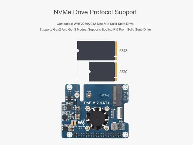 Alt view image 4 of 5 - POE M.2 HAT+ Expansion Board Combines Power Over Ethernet POE HAT and PCIe to M.2 Adapter for Raspberry Pi 5, Support IEEE 802.3af/at Network Standard and M.2 NVME Hard Drives of 2230/2242 Size
