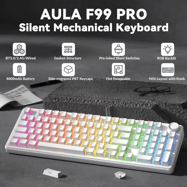 Alt view image 2 of 5 - AULA F99 Pro Wireless Mechanical Keyboard-Silent Version,BT5.0/2.4GHz/USB-C Hot Swappable Custom Keyboard,Gasket Structure,Pre-lubed Linear Switches RGB Backlit Computer Gaming Keyboards,White