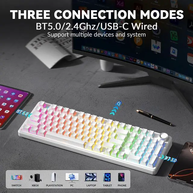 Alt view image 3 of 5 - AULA F99 Pro Wireless Mechanical Keyboard-Silent Version,BT5.0/2.4GHz/USB-C Hot Swappable Custom Keyboard,Gasket Structure,Pre-lubed Linear Switches RGB Backlit Computer Gaming Keyboards,White