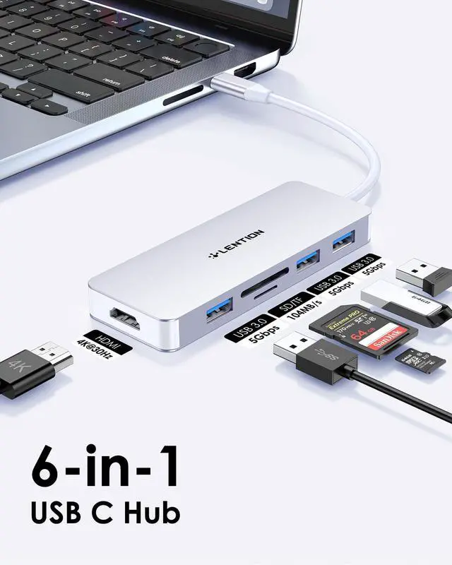 Alt view image 2 of 5 - LENTION USB C Hub with 4K HDMI, 3 USB 3.0, SD/Micro SD Card Reader Compatible 2025-2016 MacBook Pro, 2025-2018 Mac Air/Surface, Stable Driver Certified Multi-Port Adapter (CB-C18, Silver)