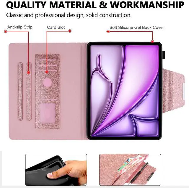 Alt view image 3 of 5 - Glitter Case for iPad Pro 12.9" 3rd/4th/5th/6th Gen & iPad Air 13" M2/M3, Techcircle Folio Stand Smooth Soft TPU Back Smart Cover with Pencil Holder & Card Pocket, Auto Sleep/Wake, Shiny Pink