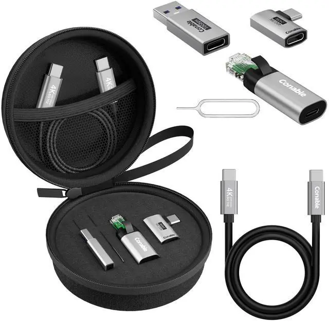 Main image of USB Travel Adapter 6-in-1, for Internet/Data/Charging/Video, Includes: USB-C to RJ45 Adapter, Type-C 3.1 Cable, USB to USB-C Connector, USB4 Right Angle Converter, SIM Card Ejector Tool, Storage Box