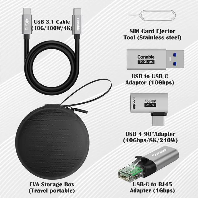 Alt view image 2 of 5 - USB Travel Adapter 6-in-1, for Internet/Data/Charging/Video, Includes: USB-C to RJ45 Adapter, Type-C 3.1 Cable, USB to USB-C Connector, USB4 Right Angle Converter, SIM Card Ejector Tool, Storage Box