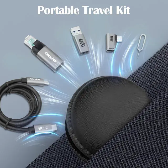 Alt view image 4 of 5 - USB Travel Adapter 6-in-1, for Internet/Data/Charging/Video, Includes: USB-C to RJ45 Adapter, Type-C 3.1 Cable, USB to USB-C Connector, USB4 Right Angle Converter, SIM Card Ejector Tool, Storage Box