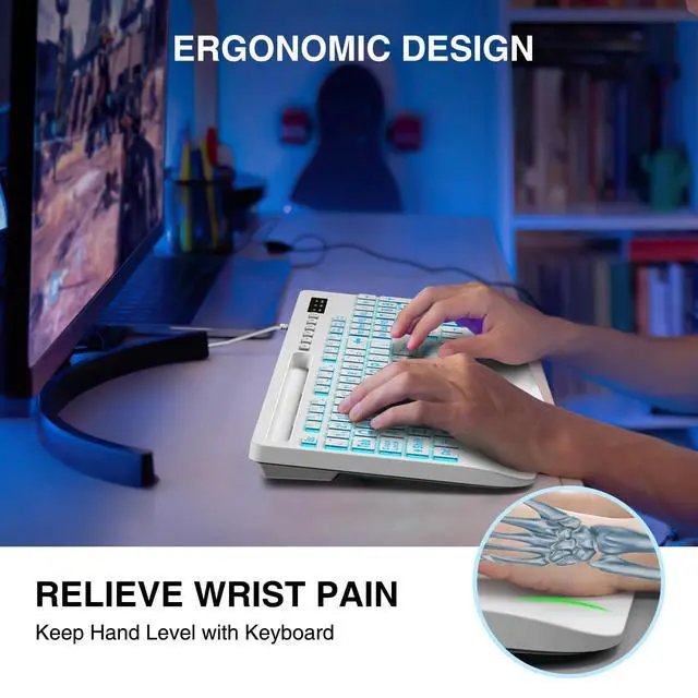 Alt view image 3 of 5 - SABLUTE Large Print Backlit Computer Keyboards, Wired Lighted USB Keyboards with 7-Color Backlit, Wrist Rest, Phone Holder, Easy to Read and Type for Laptop, PC, Windows, Desktop (White)