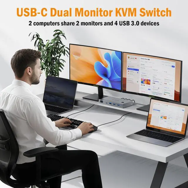 Alt view image 2 of 5 - 4K60Hz Dual Laptop USB C KVM Switch Dual Monitor, Share 4 USB 3.0 Devices & PD 80W Charging, Plug and Play with Wired Remote and 2 USB-C 3.1 Cables