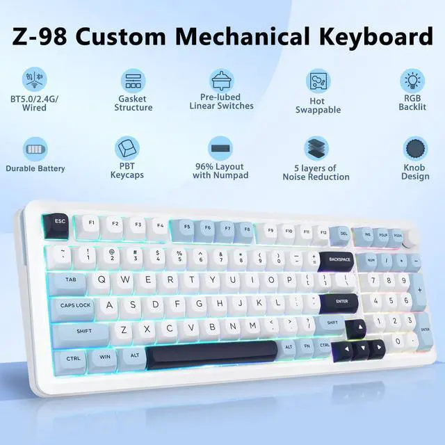 Alt view image 2 of 5 - E-YOOSO Wireless Mechanical Keyboard, Creamy Sound, Bluetooth/2.4GHz/USB-C Hot Swappable Custom Gaming Keyboard, Pre-lubed Linear Switches, RGB Backlit, Knob Control for PC/Tablet/PS/Xbox