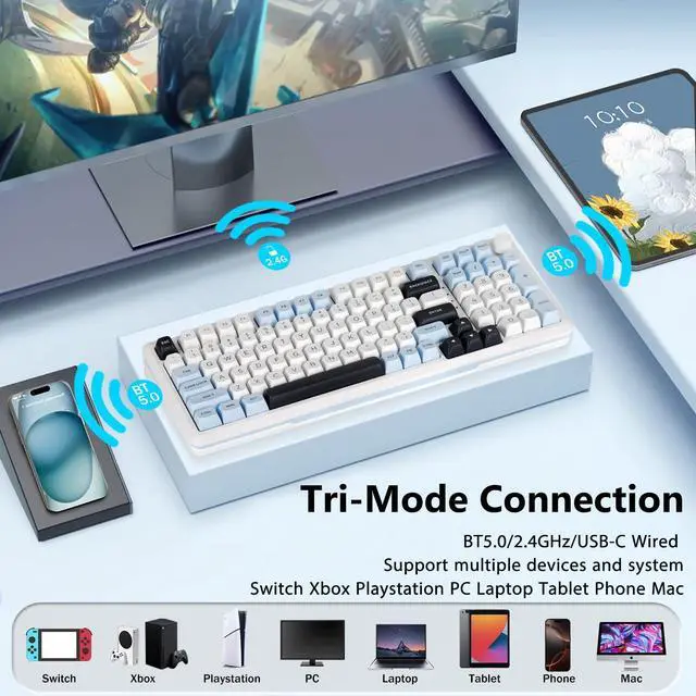 Alt view image 5 of 5 - E-YOOSO Wireless Mechanical Keyboard, Creamy Sound, Bluetooth/2.4GHz/USB-C Hot Swappable Custom Gaming Keyboard, Pre-lubed Linear Switches, RGB Backlit, Knob Control for PC/Tablet/PS/Xbox