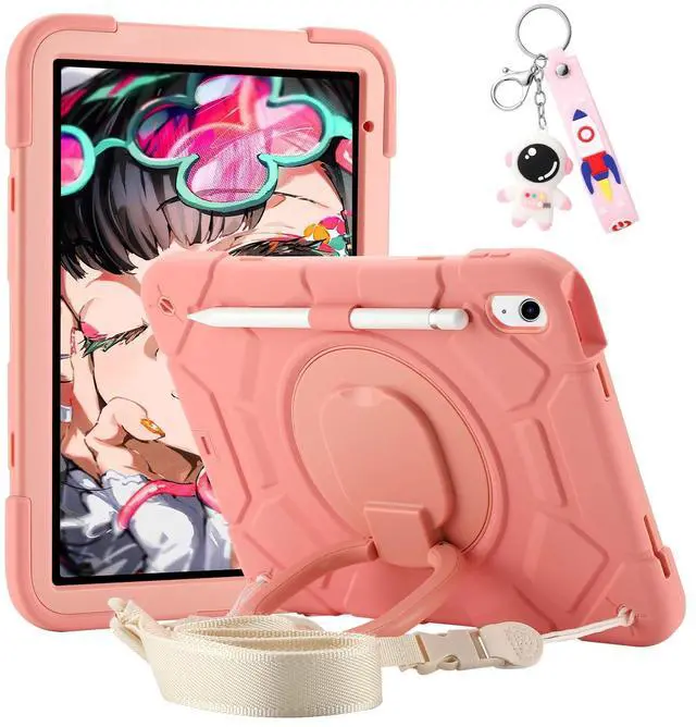Main image of Case for iPad 11-inch (A16) 2025, iPad 10th Generation Case 10.9" 2022,Heavy Sturdy Shockproof Kids Cover, with 360°Rotating Stand/Pen Slot/Shoulder Strap for iPad 11th/10th Gen Girls (Pink)
