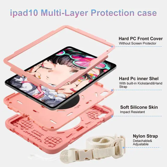 Alt view image 3 of 5 - Case for iPad 11-inch (A16) 2025, iPad 10th Generation Case 10.9" 2022,Heavy Sturdy Shockproof Kids Cover, with 360°Rotating Stand/Pen Slot/Shoulder Strap for iPad 11th/10th Gen Girls (Pink)