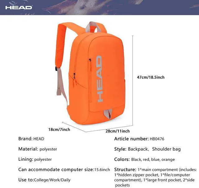 Alt view image 4 of 5 - HEAD Waterproof Gym Backpack for Women/Men, Compact Laptop Backpack for College/Sport/Fitness/Work/Daily, (Orange)