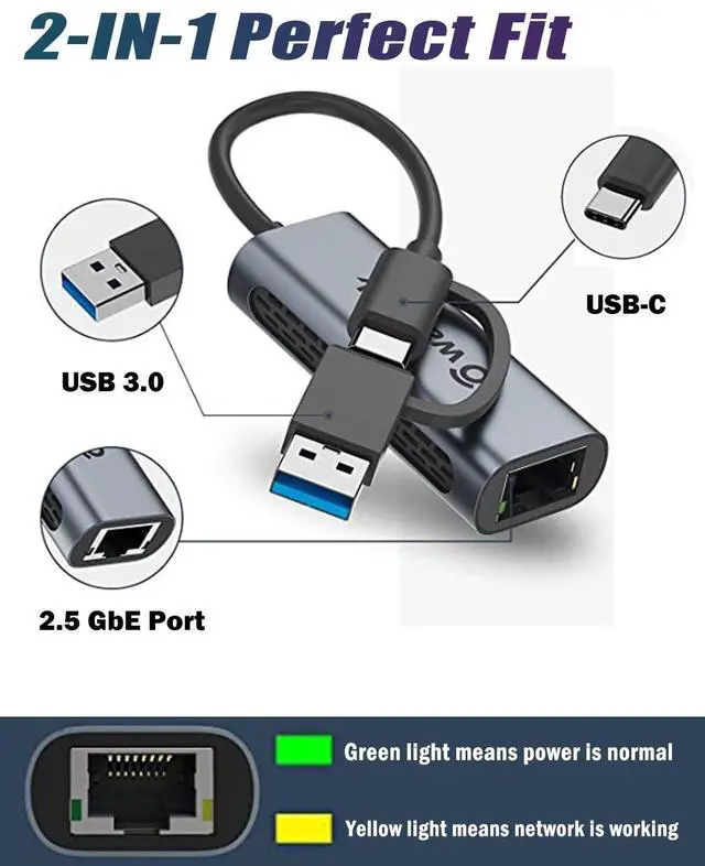 Alt view image 2 of 5 - Wavlink USB C to Ethernet Adapter 2.5 Gbps, 2-in-1 USB to 2.5G Ethernet Adapter, USB-C to RJ45 Network Converter (Thunderbolt 4/3 Compatible), Aluminum Case for Windows, Mac OS, iPad OS and More.