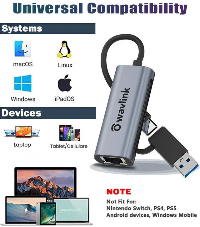 Alt view image 5 of 5 - Wavlink USB C to Ethernet Adapter 2.5 Gbps, 2-in-1 USB to 2.5G Ethernet Adapter, USB-C to RJ45 Network Converter (Thunderbolt 4/3 Compatible), Aluminum Case for Windows, Mac OS, iPad OS and More.