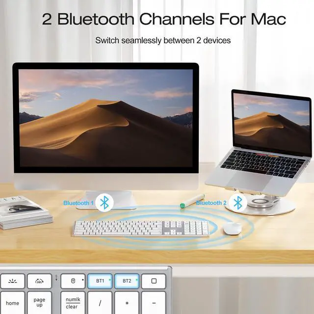 Alt view image 2 of 5 - OMOTON Wireless Keyboard for Mac with Forged Metal Frame - 2.4G & Dual Bluetooth (BT1/BT2), Type-C/USB A Receiver, Ultra-Thin, Backlit, Full Size Keyboard for Mac/MacBook/iMac, White