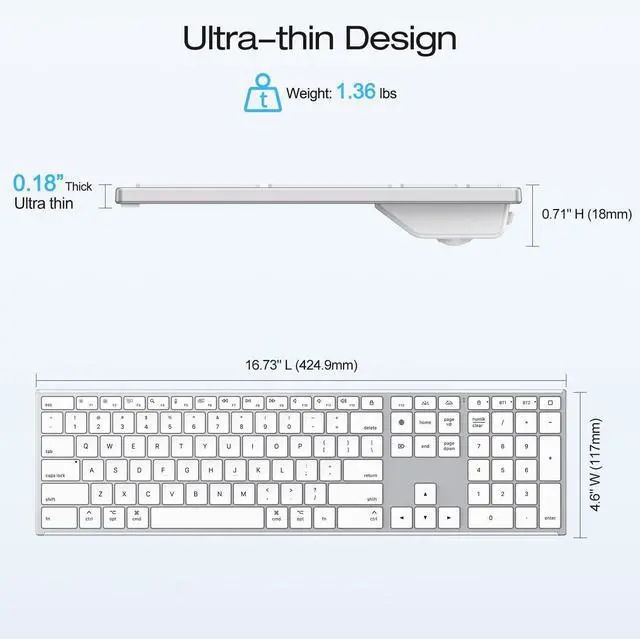 Alt view image 5 of 5 - OMOTON Wireless Keyboard for Mac with Forged Metal Frame - 2.4G & Dual Bluetooth (BT1/BT2), Type-C/USB A Receiver, Ultra-Thin, Backlit, Full Size Keyboard for Mac/MacBook/iMac, White