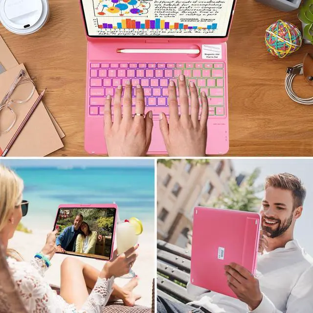 Alt view image 3 of 5 - LENRICH Keyboard Case for iPad Air 13 inch M3 2025&M2 2024, Mulit Touchpad Backlight 360 Rotatable Cover Wireless Pencil Holder Pink