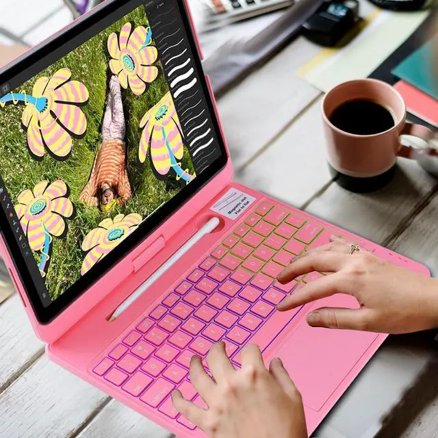 Alt view image 4 of 5 - LENRICH Keyboard Case for iPad Air 13 inch M3 2025&M2 2024, Mulit Touchpad Backlight 360 Rotatable Cover Wireless Pencil Holder Pink