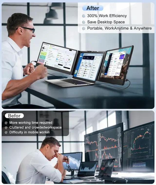 Alt view image 3 of 5 - Wixzet Laptop Screen Extender, 14" FHD 1080P Portable Monitor for Laptop, Plug&Play Triple Screen Extender, Auto Adjust Width Dual Monitor for 13" - 17" Laptops, Compatible with MacOS/Wins/Chrome/Dex