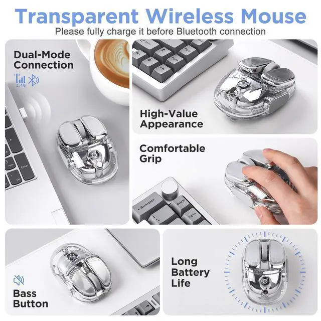 Alt view image 2 of 5 - MIKIBY Q9 Wireless Mouse, 2.4G/BT Dual Mode, 4 Adjustable DPI (800-4800), Ultra-Quiet Click, Bluetooth Mouse with RGB Breathing Light, 500mAh Long Battery, Portable for PC/Laptop/Mac/Tablet(Silver)