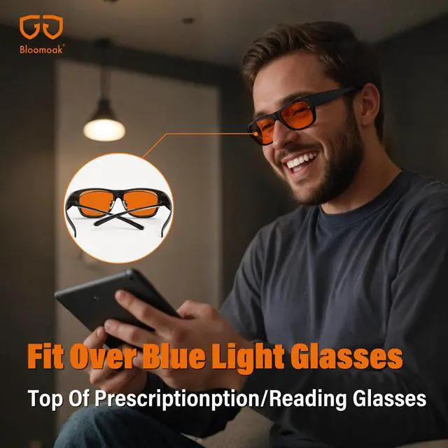 Alt view image 2 of 5 - Bloomoak 99% Fit Over Blue Light Blocking Glasses for Sleeping-Red/Amber Lens AntiGlare Coating for Zoom Meetings (Orange - 99% Blue Light (Screen Use), L (60 * 45mm))