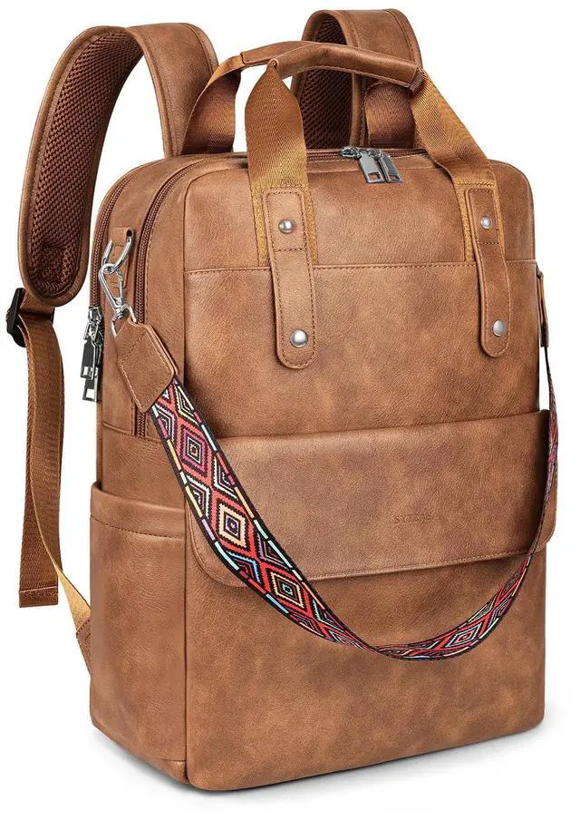 Main image of SYTRAH Leather Laptop Backpack 15.6 Inch Womens Laptop Bag, 3 IN 1 Computer Bag Handbag with Colorful Shoulder Bag Strap for Work Travel College Mocha Brown