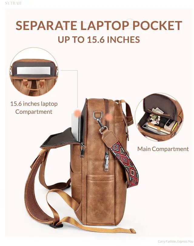 Alt view image 3 of 5 - SYTRAH Leather Laptop Backpack 15.6 Inch Womens Laptop Bag, 3 IN 1 Computer Bag Handbag with Colorful Shoulder Bag Strap for Work Travel College Mocha Brown