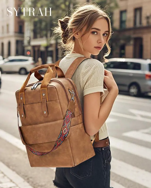 Alt view image 2 of 5 - SYTRAH Leather Laptop Backpack 15.6 Inch Womens Laptop Bag, 3 IN 1 Computer Bag Handbag with Colorful Shoulder Bag Strap for Work Travel College Mocha Brown