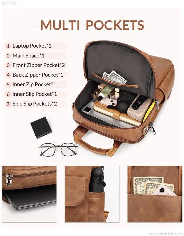 Alt view image 4 of 5 - SYTRAH Leather Laptop Backpack 15.6 Inch Womens Laptop Bag, 3 IN 1 Computer Bag Handbag with Colorful Shoulder Bag Strap for Work Travel College Mocha Brown