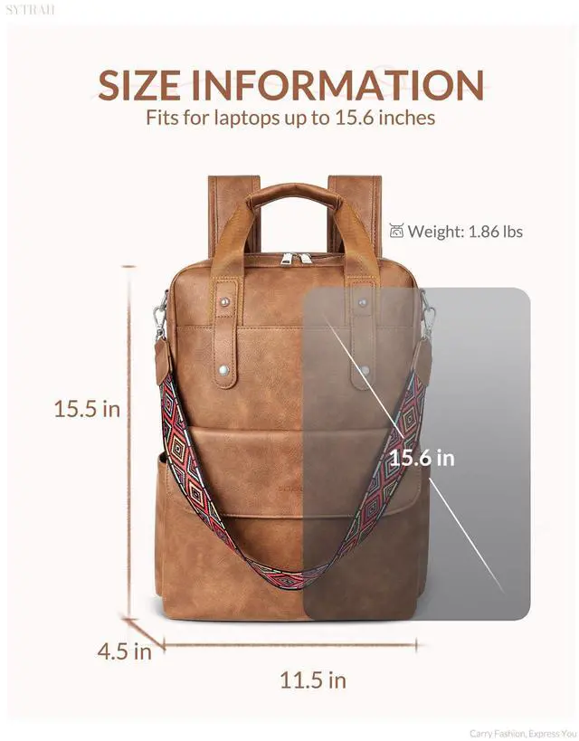 Alt view image 5 of 5 - SYTRAH Leather Laptop Backpack 15.6 Inch Womens Laptop Bag, 3 IN 1 Computer Bag Handbag with Colorful Shoulder Bag Strap for Work Travel College Mocha Brown