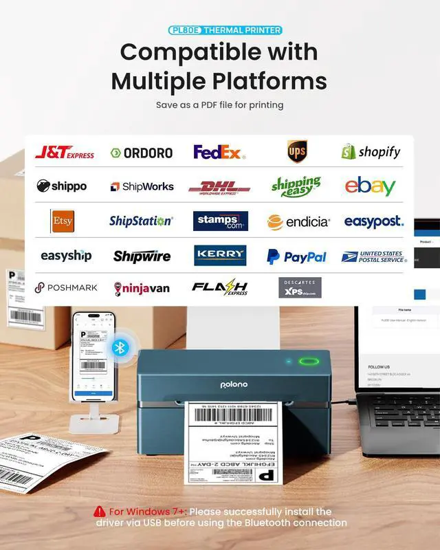 Alt view image 5 of 5 - POLONO Bluetooth Thermal Shipping Label Printer, Wireless 4x6 Shipping Label Printer for Small Business, Support iOS, Android, Windows, Mac. Compatible with Amazon, Ebay, Shopify, Etsy, USPS (Blue)