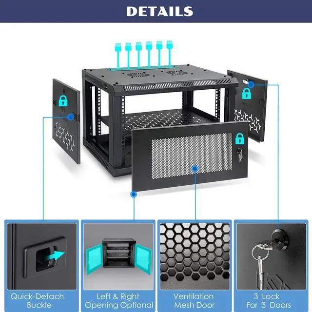 Alt view image 4 of 5 - OCEANHUG 6U Wall Mount Server Cabinet with A Lockable Front Vented Door, Cooling Fans, Removable Side Panels - 45cm Depth, 19" Network Rack Including Full-Size Rack Shelf for IT Equipment