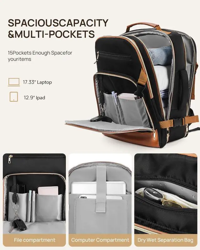 Alt view image 3 of 5 - Telena Travel Backpack for Women, 17.3 inch Laptop TSA Carry On Personal Item Size Flight Approved Travel Bag Daypack with Multi-Pockets for Work, Travel, Business, Black-Brown