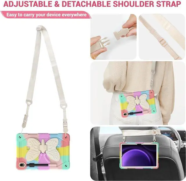 Alt view image 4 of 5 - SXYGMZL for Samsung Galaxy Tab S10 Lite/S10 FE/S9 FE 5G 10.9"/S9 11" Butterfly Case Cute, Girls Women Cute Kawaii Girly Butterfly Silicone Protective Cover with Stand Shoulder Strap Pencil Holder Pink