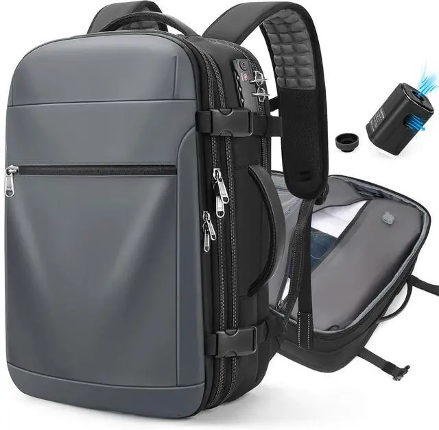 Main image of Vacuum Backpack Travel  Expandable Compression Carry On Backpack with Vacuum Pump, Water-Resistant TSA Lock Travel Bag, 17" Laptop Backpack for Men Women, Business Airplane Flight Luggage, Grey