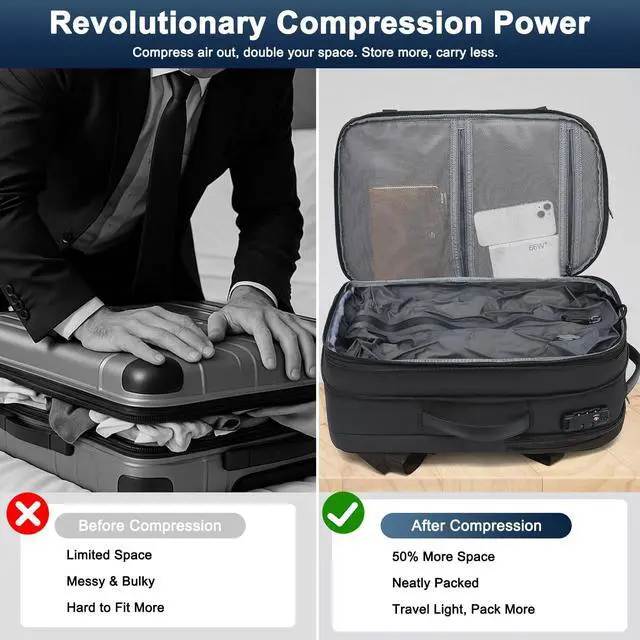 Alt view image 3 of 5 - Vacuum Backpack Travel  Expandable Compression Carry On Backpack with Vacuum Pump, Water-Resistant TSA Lock Travel Bag, 17" Laptop Backpack for Men Women, Business Airplane Flight Luggage, Grey