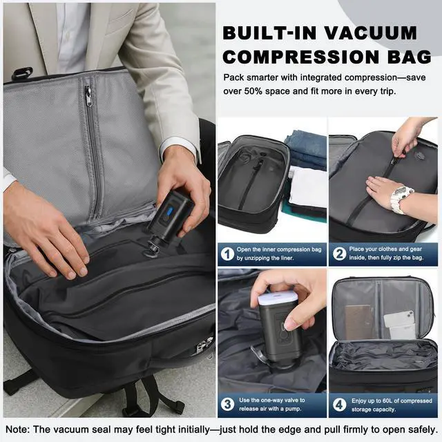 Alt view image 4 of 5 - Vacuum Backpack Travel  Expandable Compression Carry On Backpack with Vacuum Pump, Water-Resistant TSA Lock Travel Bag, 17" Laptop Backpack for Men Women, Business Airplane Flight Luggage, Grey