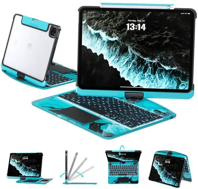 Main image of Tiaota Transparent Case with Keyboard for iPad 9th (7th, 8th, and 9th Gen) 10.2 Inch,with 7-Color Backlit Wireless Keyboard,360°Rotatable Protective Case Multi-Touch Trackpad,with Pencil Holder,Blue