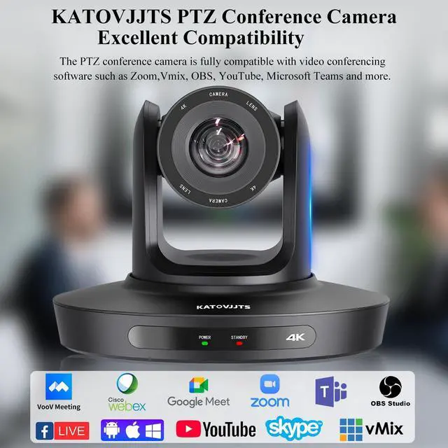 Alt view image 4 of 5 - KATOVJJTS PTZ Camera 4K UHD with 10X Optical Zoom,Video Conference Room Camera,Live Streaming for Church Worship,USB HDMI IP POE Work with Vmix,Zoom,OBS,YouTube,Facebook Livestream