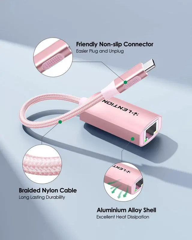 Alt view image 3 of 5 - LENTION USB C to Ethernet Adapter, RJ45 to Type C Gigabit Network 1000M Wired LAN Converter Compatible 2023-2016 MacBook Pro 13/15/16, New iPad Pro/Mac Air/Surface, More (CU604, Rose Gold)