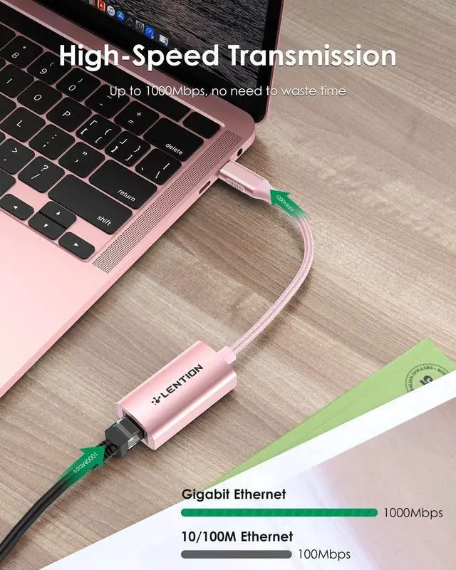 Alt view image 2 of 5 - LENTION USB C to Ethernet Adapter, RJ45 to Type C Gigabit Network 1000M Wired LAN Converter Compatible 2023-2016 MacBook Pro 13/15/16, New iPad Pro/Mac Air/Surface, More (CU604, Rose Gold)