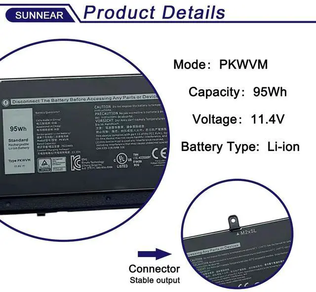 Alt view image 2 of 5 - SUNNEAR 95Wh PKWVM Battery Compatible with Dell Precision 7550 7560 7750 7760 Mobile Workstation P44E P93F P44E001