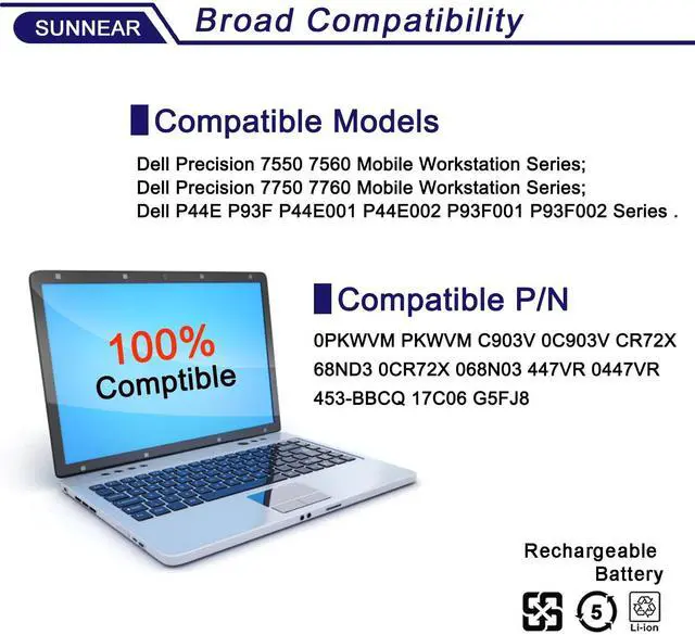 Alt view image 5 of 5 - SUNNEAR 95Wh PKWVM Battery Compatible with Dell Precision 7550 7560 7750 7760 Mobile Workstation P44E P93F P44E001