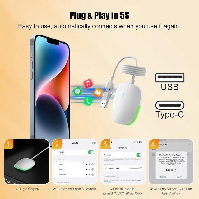 Alt view image 4 of 5 - 2in1 Wireless Carplay Adapter for iPhone Android,Plug n Play Easy Setup Automatic Reconnect,Convert Wired to Wireless Bluetooth Carplay Adapter Dongle,for Car Cadillac/Ford/Chevrolet (USB A/C)02w