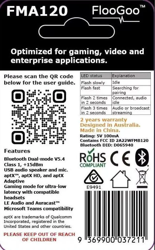 Alt view image 3 of 4 - FlooGoo FMA120 Bluetooth 5.4 Dual-Mode Dongle  Supports aptX Lossless, Low-Latency Gaming, Auracast & A2DP-to-Auracast Relay, LE Audio, Hearing Aids, Microsoft Teams, and PS4/PS5/Switch