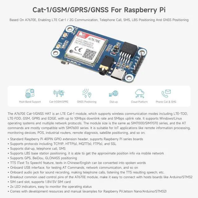 Alt view image 3 of 5 - Waveshare Cat-1/GSM/GPRS/GNSS HAT, Compatible with Raspberry Pi, Based On A7670E Module, LTE Cat-1 / 2G Support, GNSS Positioning